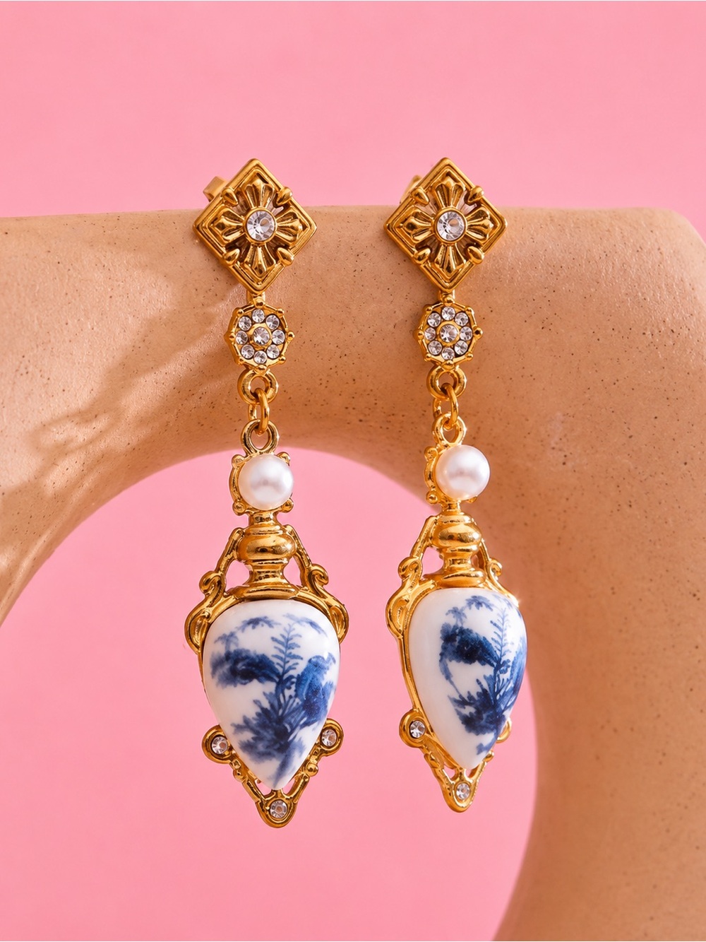 Vintage Porcelain Baroque Blue Gold Earrings